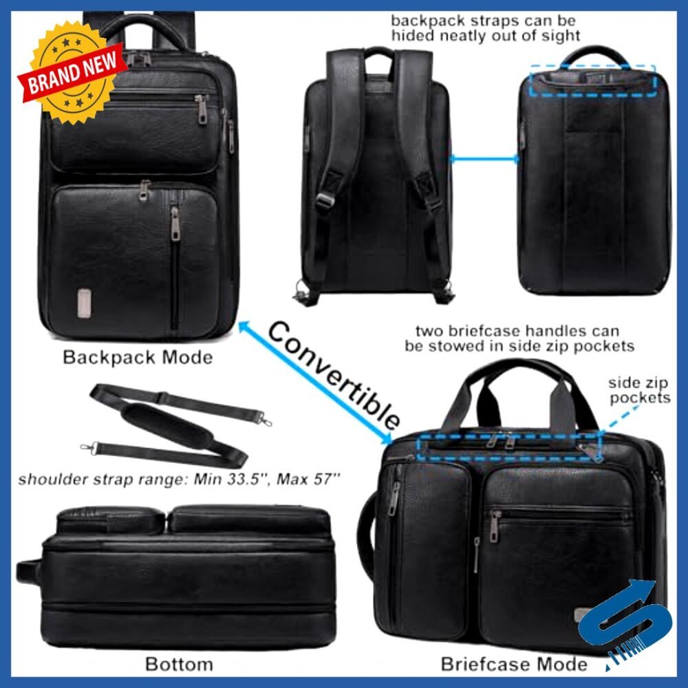 Vegan Leather Convertible Laptop Bag Expandable Backpack Briefcase Messenger - Picture 5 of 7